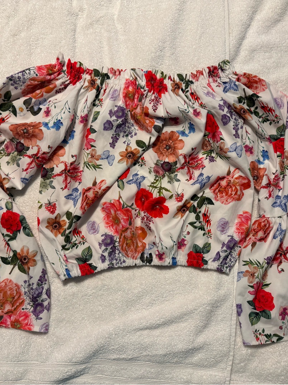Floral Off-Shoulder Women’s Top in White with Multicolor Bloom